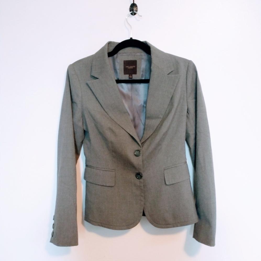 The Limited grey suit jacket blazer with buttons in the front.  Lined, buttons a